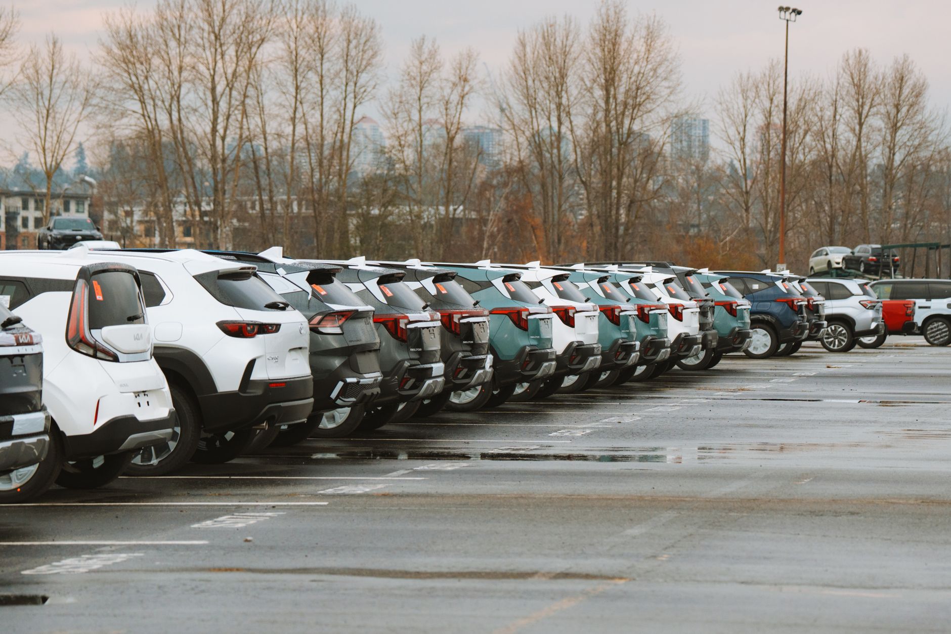 Vista aérea de um estacionamento com carros enfileirados